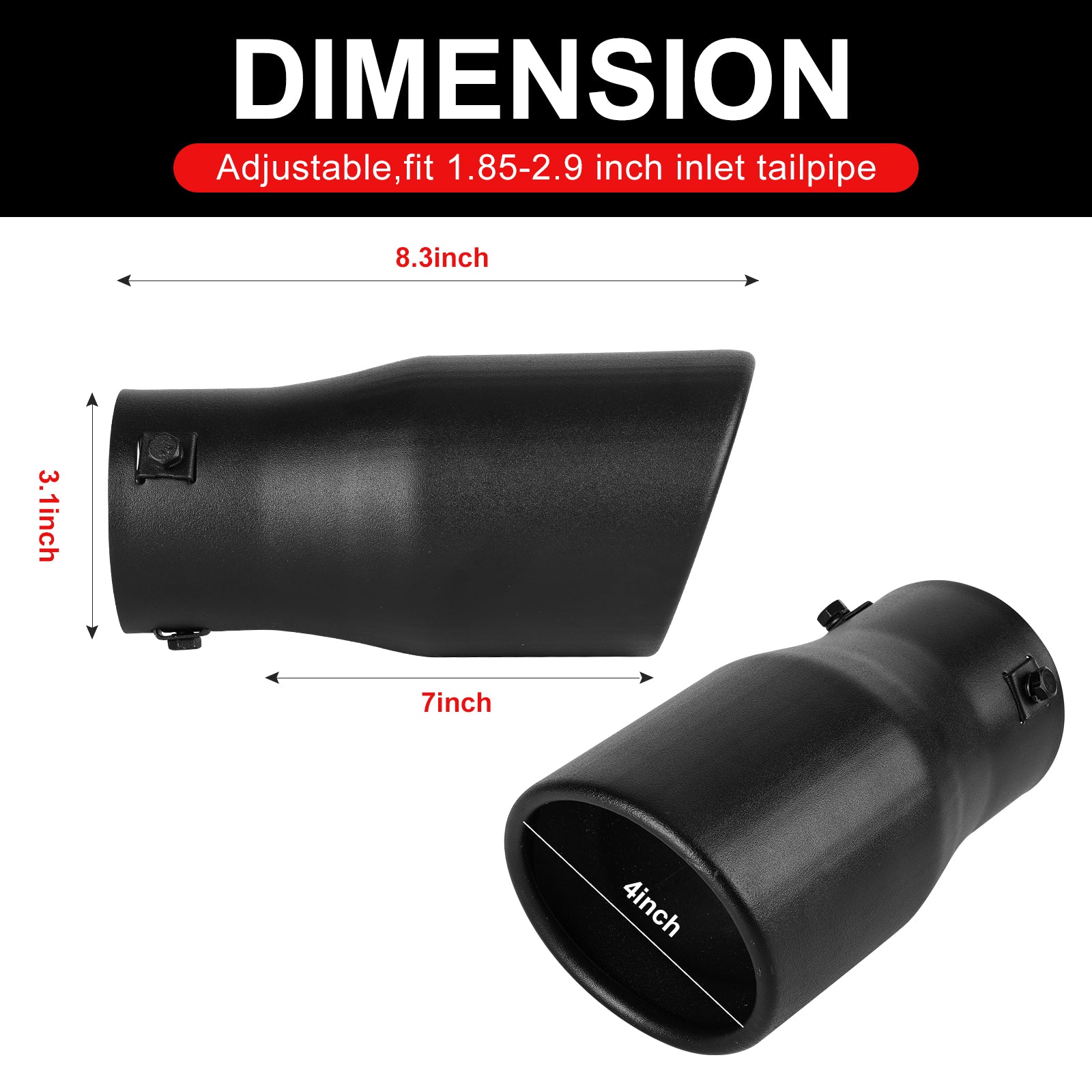 thumbnail image 2 of Universal 8.5" Black Stainless Steel Exhaust Tip – Clamp-On – Fits 1.4" To 2.5" Inlet – Round 2 of 6