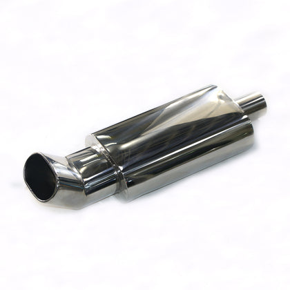 Horizontal view of Exhaust Muffler 63mm Stainless Steel Silver Turndown Tip HH208